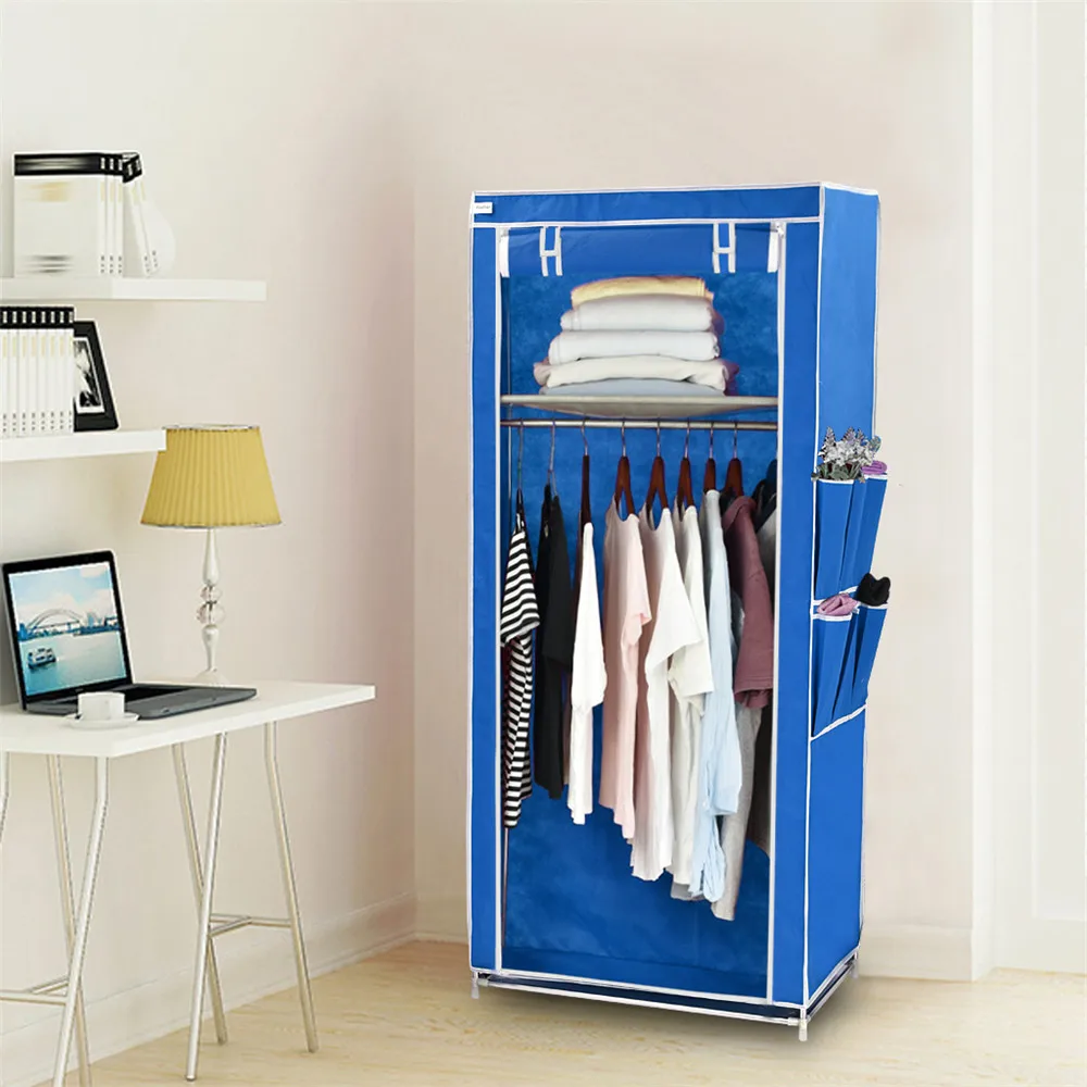 Finether Non-Woven Fabric Single Wardrobe,Portable Wardrobe Storage Organizer with Side Pockets-Blue7