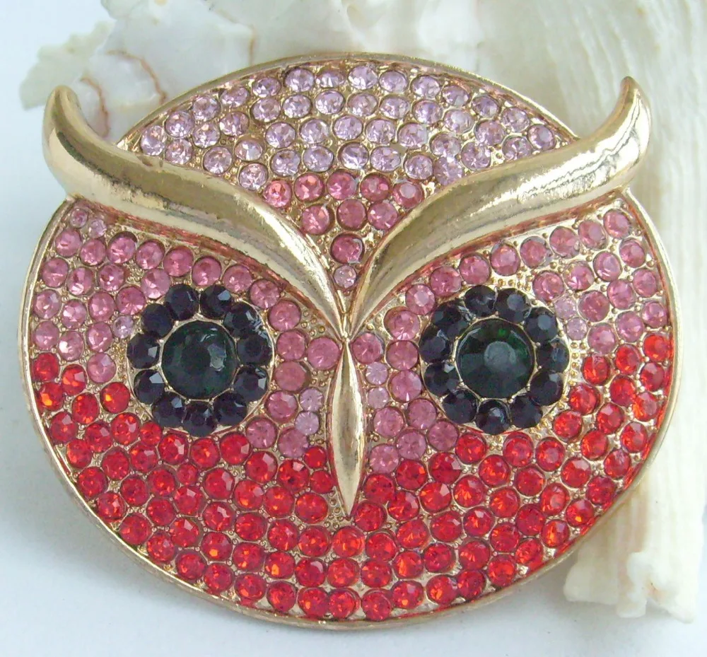 HelenaJewelry 2,1" золотистая розовая красная сова из горного хрусталя брошка заколка медальон EE05112C5