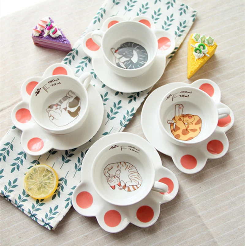 

150ml Cute cat cartoon Mug Set creative catlike milk breakfast cup ceramic cups and plates coffee cup Heat-resistant cup gift