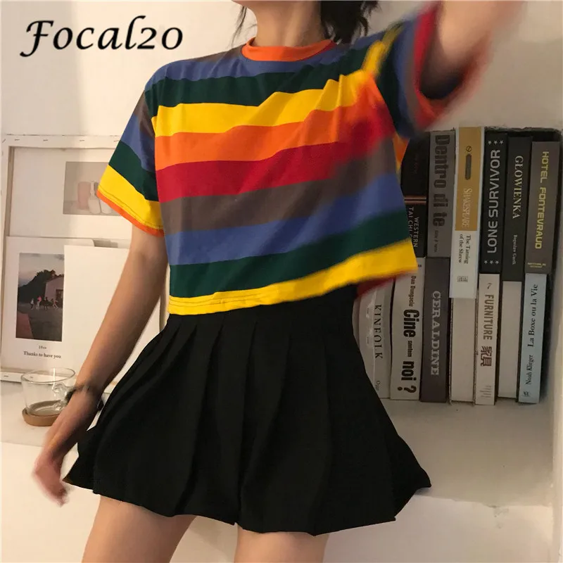 

Focal20 Harajuku Rainbow Stripe Female T Shirts Hit Color Loose Short Sleeve Color Block O-Neck Spring Summer Women T-shirt