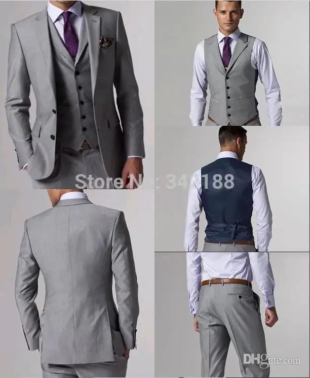 

FREE EMS!!TOP Custom Made Side Slit Two Buttons Light Grey Groom Tuxedos/Notch Lapel Best Man Groomsmen Men Wedding Suits