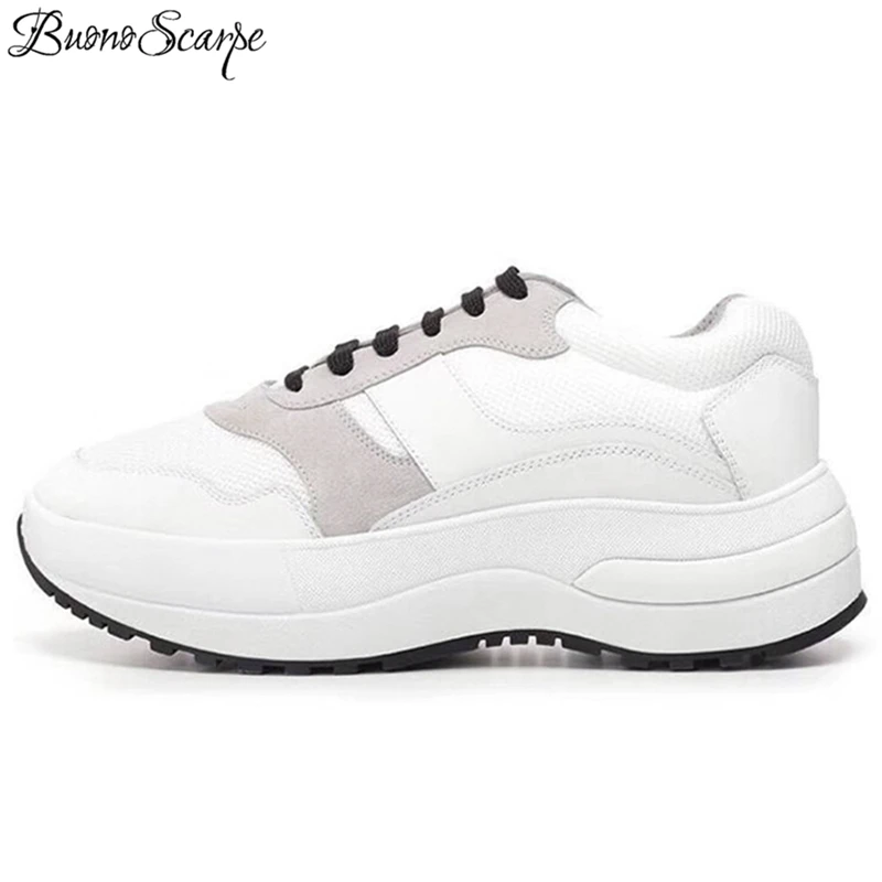 

Buono Scarpe Platform Women Casual Sneakers Brand Genuine Leather Shoes Lace Up Patchwork White Black Shoes Ladies Sneakers 2019