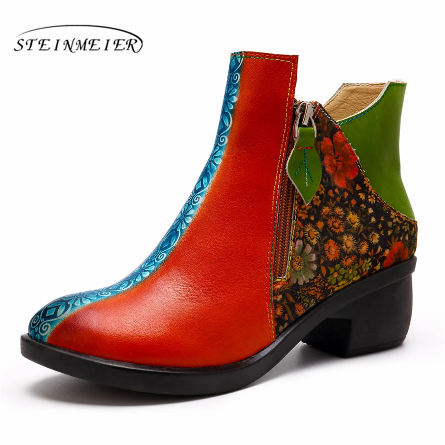 

Women winter Boots Genuine cow Leather High heel Ankle Comfortable quality soft Shoes Brand Designer Handmade red green 2019