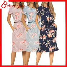 Summer dress 2019 Women new O-neck elegant midi dress short sleeve elastic waist casual print floral dress Summer dress 2019 Women new O-neck elegant midi dress short sleeve elastic waist casual print floral dress