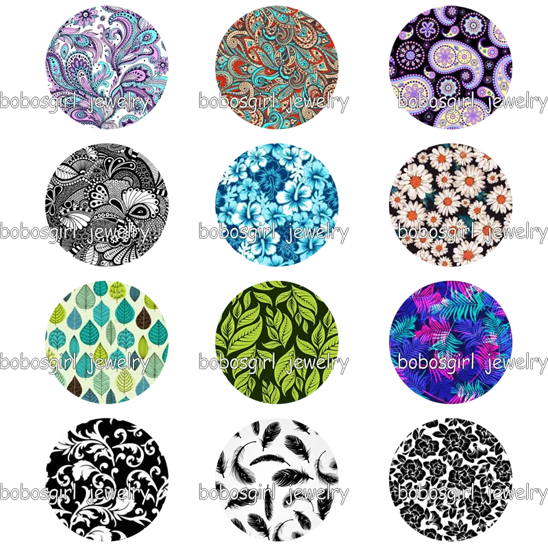 

Bohemia Paisley Flower Leaf Feather glass snap button photo Round cabochon flat back Gl7090