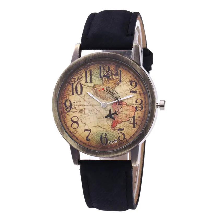 Новая мода кварцевые часы мужские унисекс карта самолет путешествия по всему миру женские кожаные Наручные часы Relogio Feminino 328