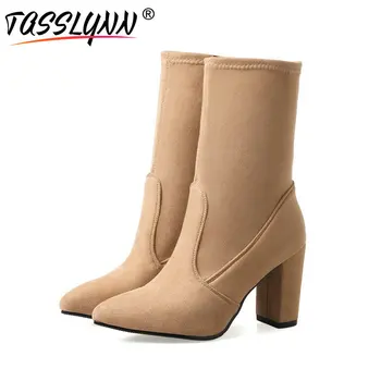 

TASSLYNN 2019 Women Boots Pointed Toe Shoes Autumn Square High Heels Mid-calf Boots Slip on Women Motorcycle Boots Size 34-43