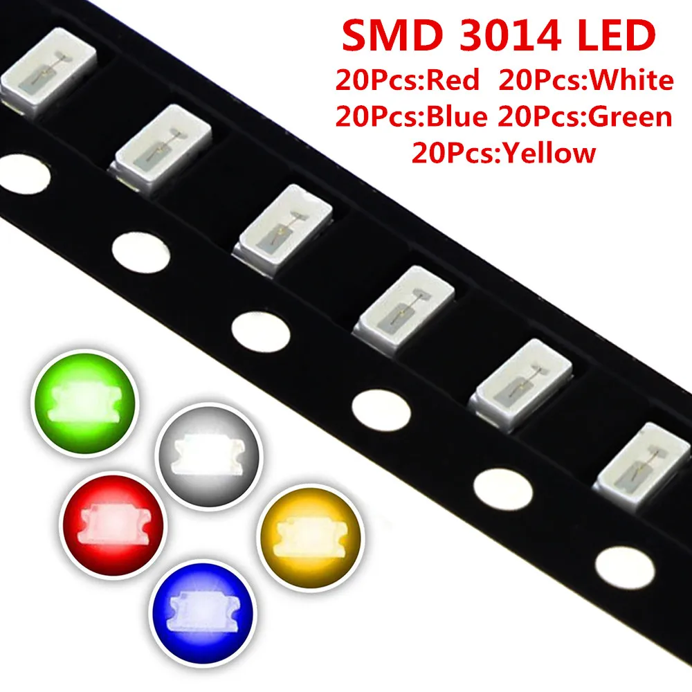 

100pcs/lot 5 Colors 3014 SMD Led Super Bright Red/Green/Blue/Yellow/White Water Clear LED Light Diode