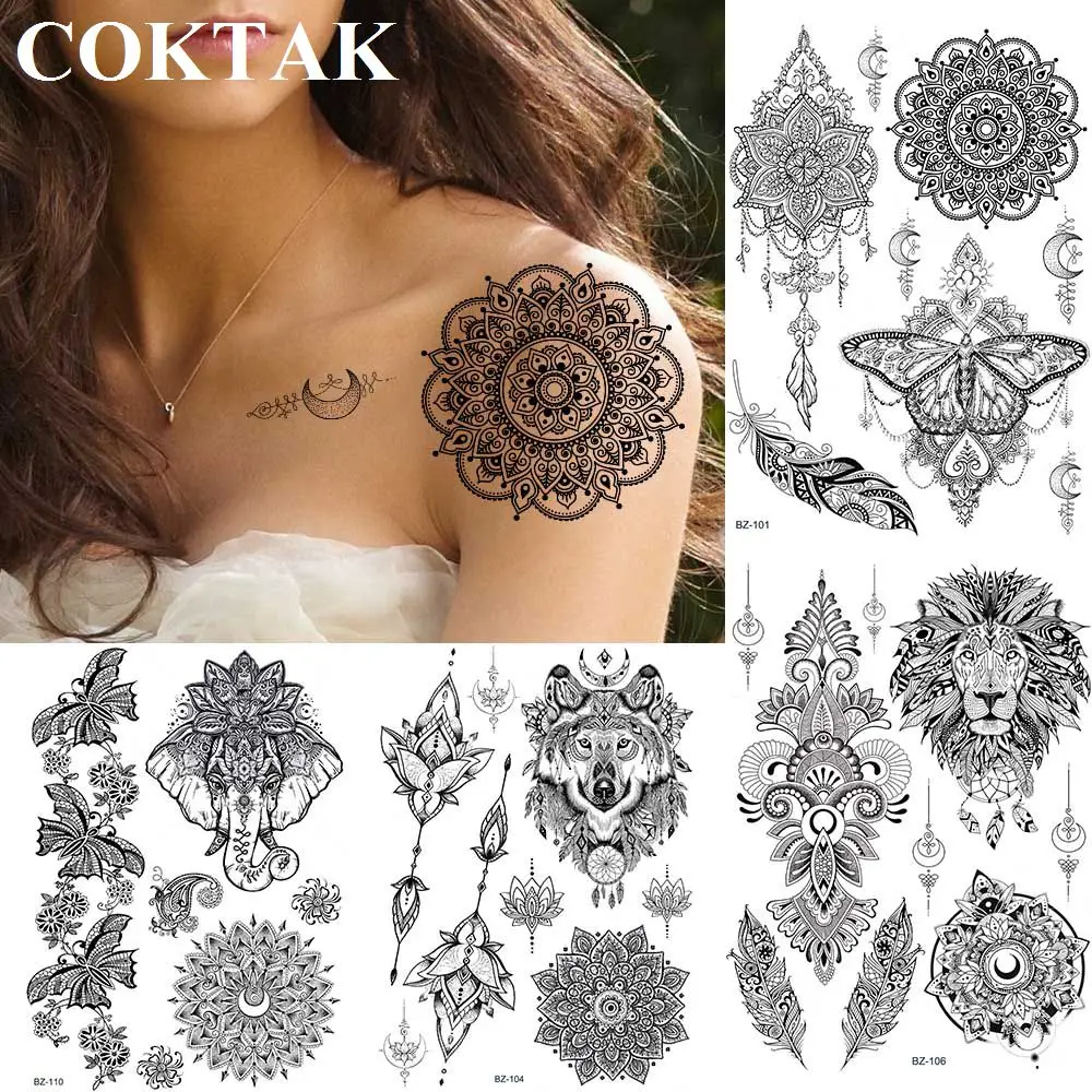 Mandala Tatouage Bras Femme Dentelle Faux Tatouage Temporaire en Henné Noir pour Femme, Autocollant Sexy, Fleur  de Mandala, Imperméable, Bras, Cou, Poitrine, Dentelle, Art Corporel, Fille  | AliExpress