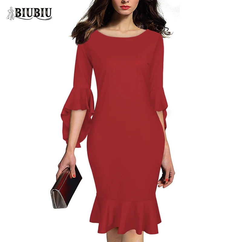 

BIUBIU Office Lady Dress for women Half Flare Sleeve Sheath Trumpet O Neck Spring dress Mermaid Women's Party Vestidos De Fiesta