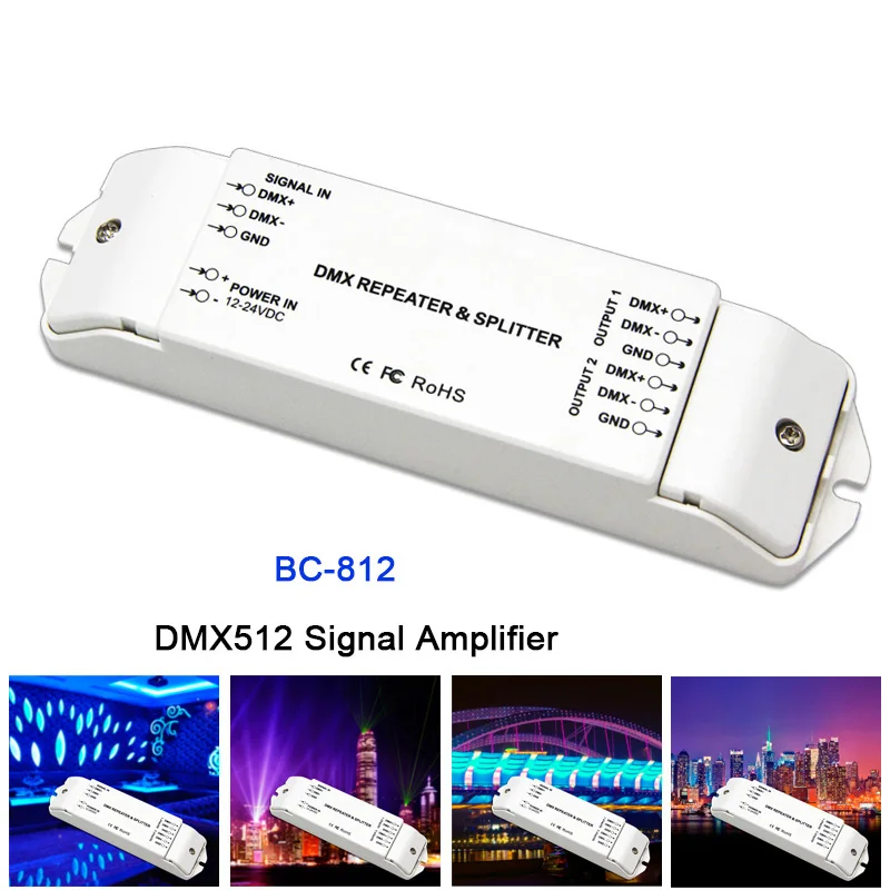 Bc-812 Dmx512 Signal Power Repeater Dmx Power Amplifier 1 To 2 Channel Output Dmx Power Splitter Dmx Led Controller,Dc12V -24V