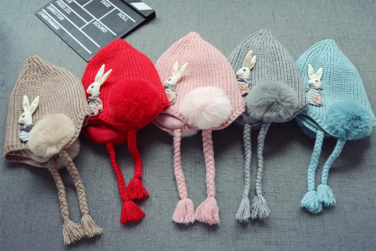 New Autumn And Winter Baby Hats  Wool Earmuffs Knitted Plush Children's Hat With Cute Rabbit 3 Months -2 Years Old GCG55 (6)