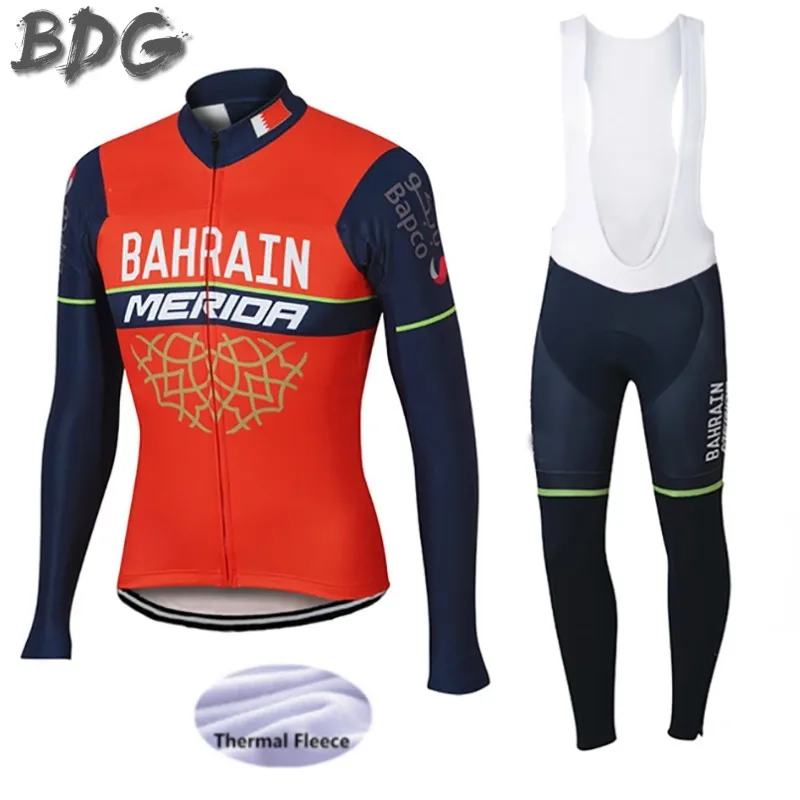 

Bahrain 2018 Pro Team Winter Thermal Fleece Jerseys MTB Cycling Bib Pants Set Warm Jacket Clothes Road Bike Clothing