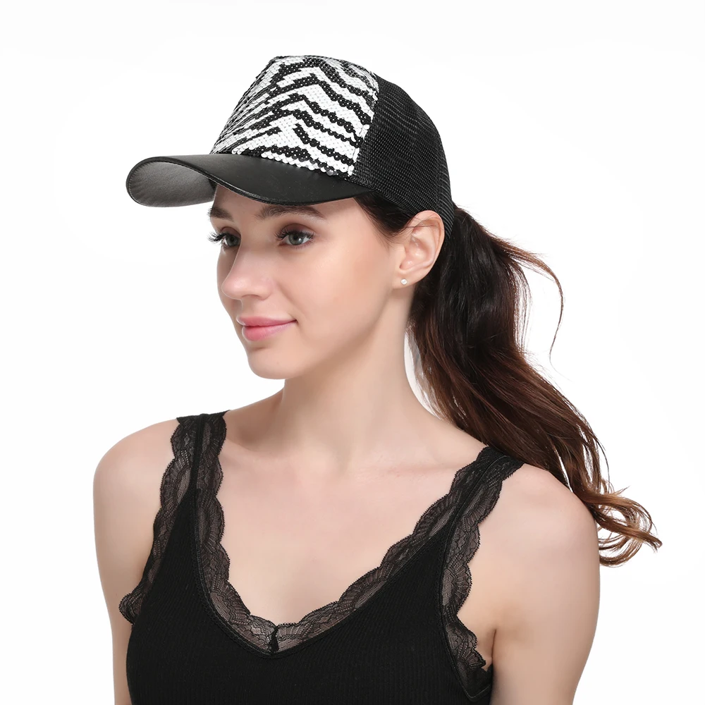 Для женщин бейсболка из сетчатой ткани в виде зебры, Бейсбол Snapback Кепка с блестками Регулируемая обувь на плоской подошве, однотонная в стиле хип-хоп кепки для женщин