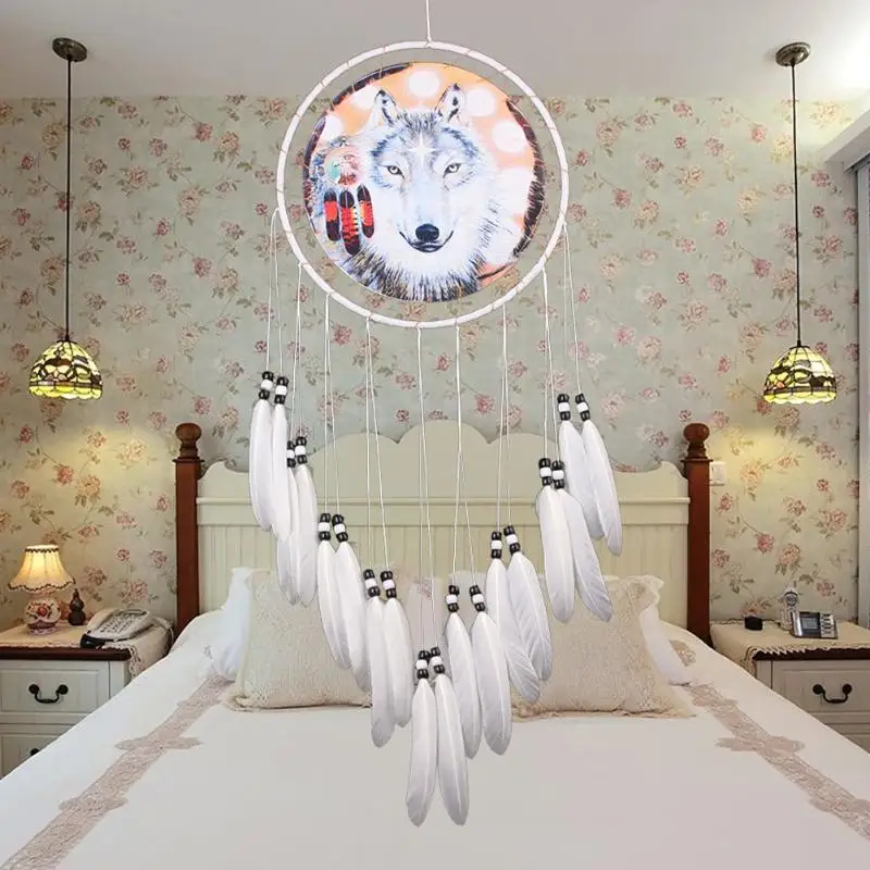 

Oil Painting Wolf Feather Bead Dream Catcher Garden Living Room Hanging Home Decor Ornaments Mascot Gift