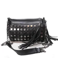 Tassel Chain Bag 2016 New Ladies Edgy Rivet-studded Shoulder Bag Women Black PU Leather Fashion Barrel-shaped Crossbody Bag