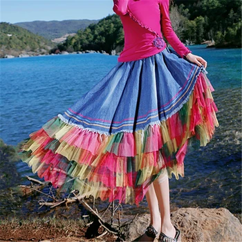 

Makuluya New Women Bohemian Asymmetrical Denim Patchwork Sweet Vintage Retro Holiday Voile Ruffles Maxi Long Skirts Female L6