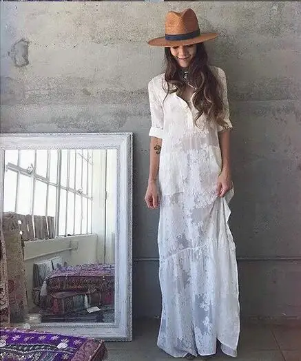 

JOYINPARTY 2017 Women BOHO cut side white chiffon maxi dress new Spring Summer lapel long-sleeved dress beach long blouse shirt