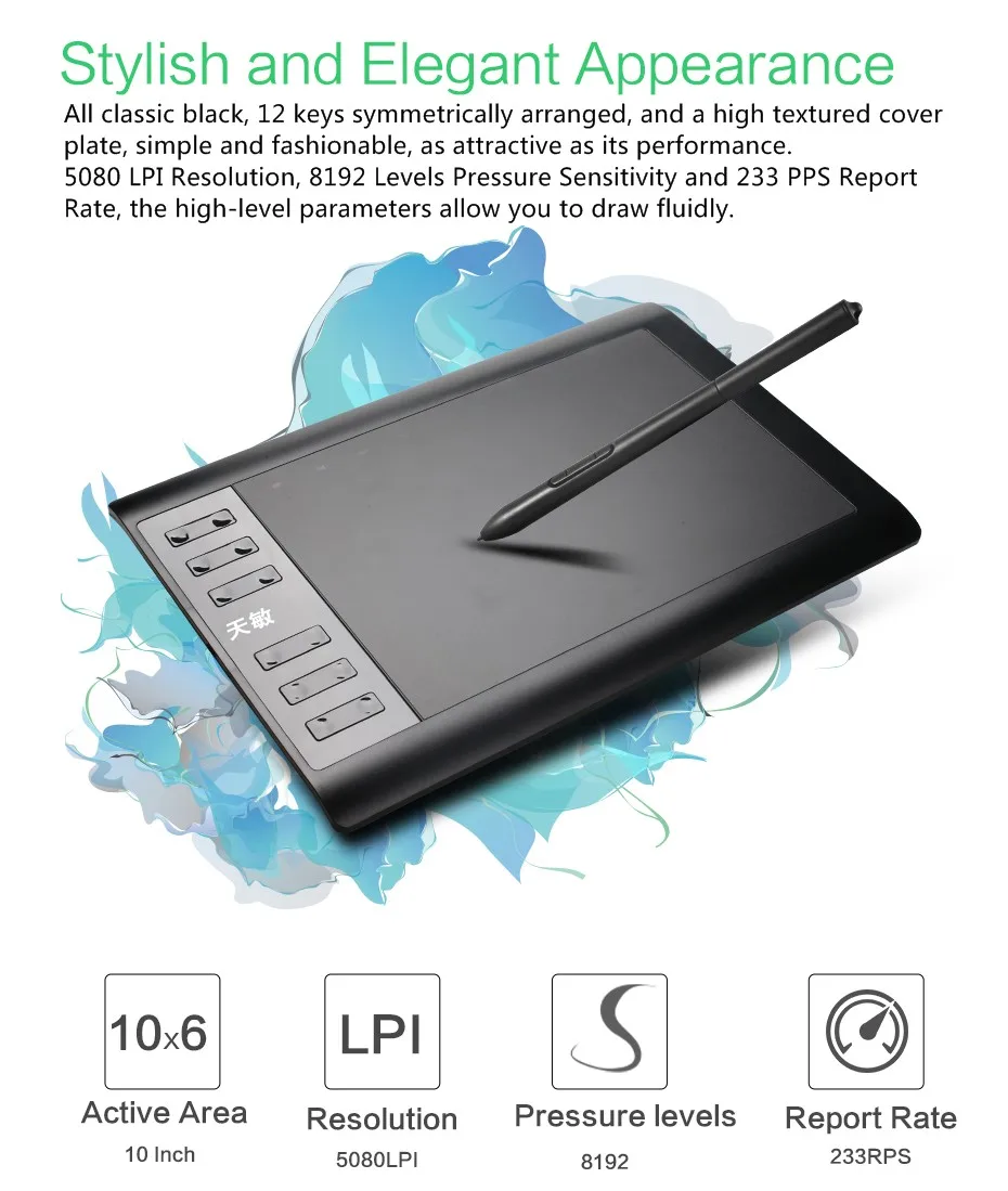 10moons 1060Plus графический планшет 10x6 дюймов цифровой планшет для рисования 8192 уровней ручка и перчатка без аккумулятора