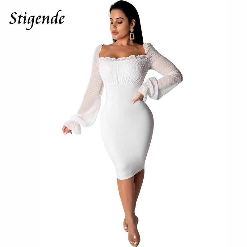 

Stigende Fashion Long Sleeve Chiffon Sheath Midi Dress Women Sexy Slim Bandage Party Dress Ladies Polka Dot Bodycon Club Dress