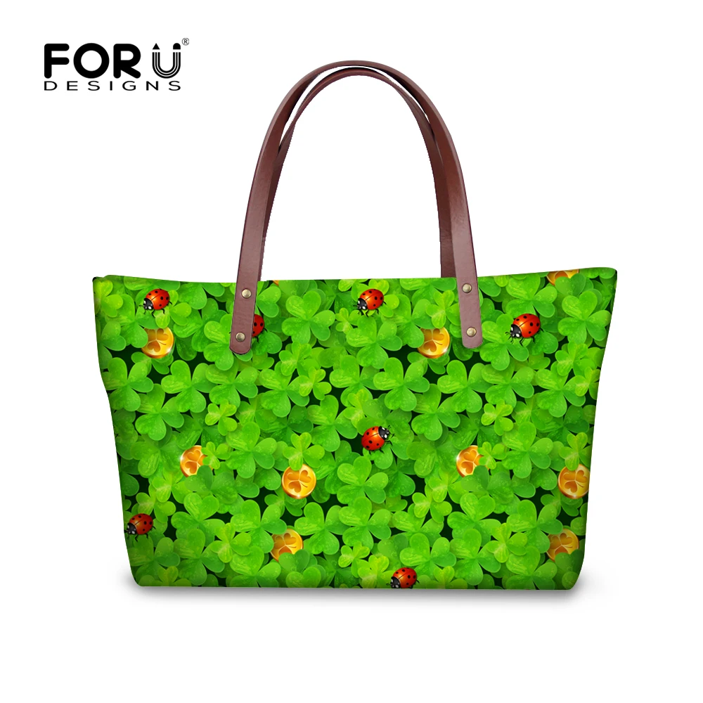 

2016 Custom Women Famous Brand Bags Green Plant Ladybug Print Ladies Handbags Large Capacity Shoulder Bag Tote Bolsas Femininas