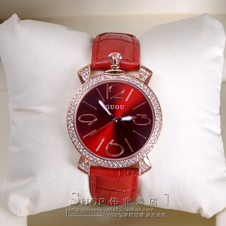 GUOU, фиолетовые, розовое золото, для женщин, люксовый бренд, полностью Стразы, часы для девушек, натуральная кожа, ремешок, кварцевые часы для женщин, известные наручные часы - Цвет: Красный