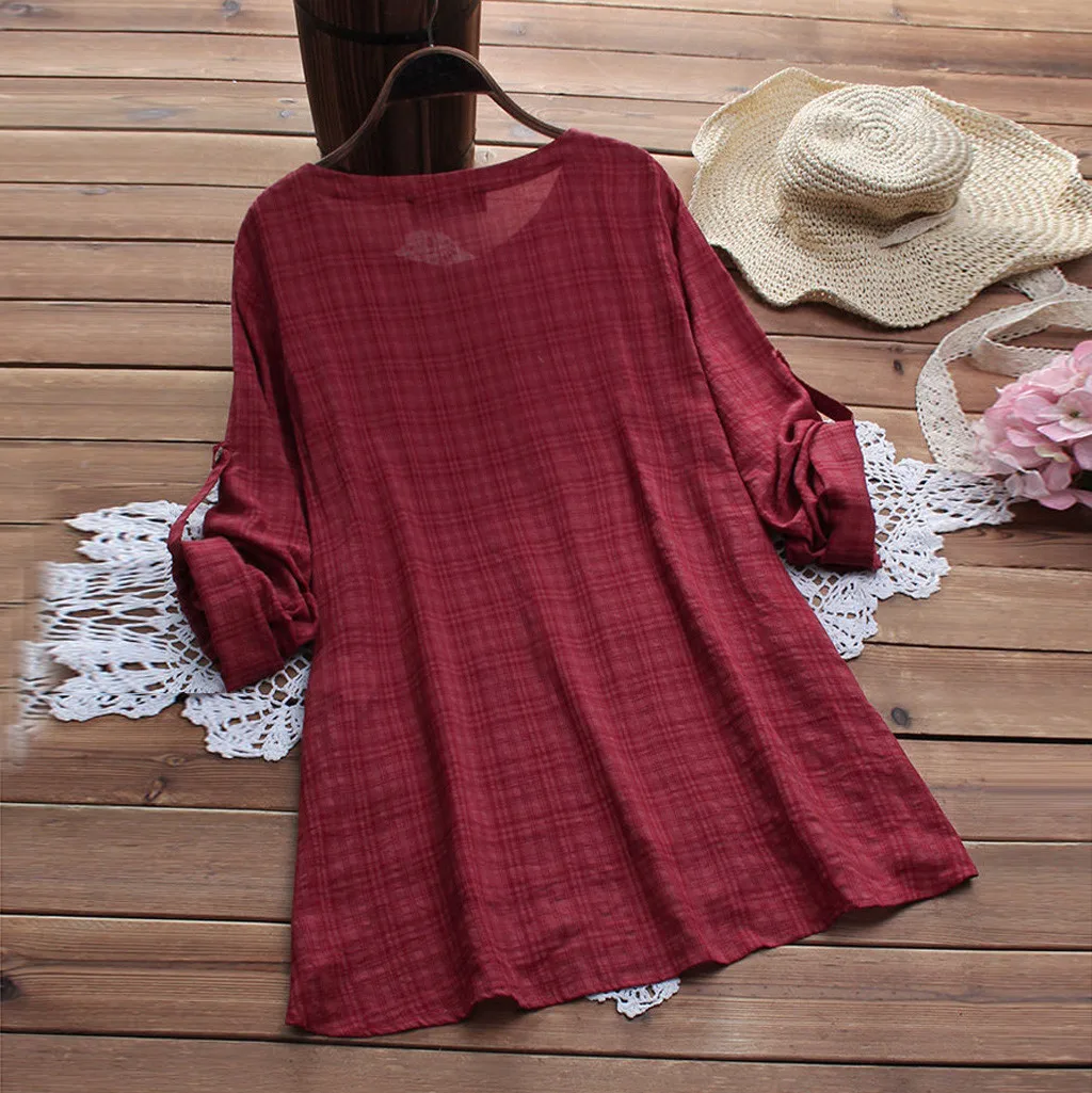 

Womens blouse Daily Casual Loose Linen Plus Size Plaid Button Tanic Shirt Blouse Tops womens tops and blusas mujer de moda 2019