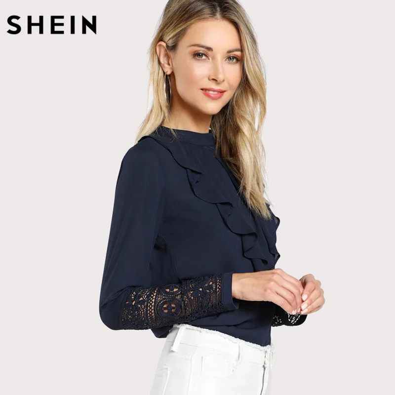 SHEIN Модный Топ С Оборкой И Кружевной Вставкой Женская Весенняя Элегантная Блузка