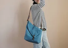 Free shipping blue one shoulder casual canvas women’s cowhide handbag free shipping