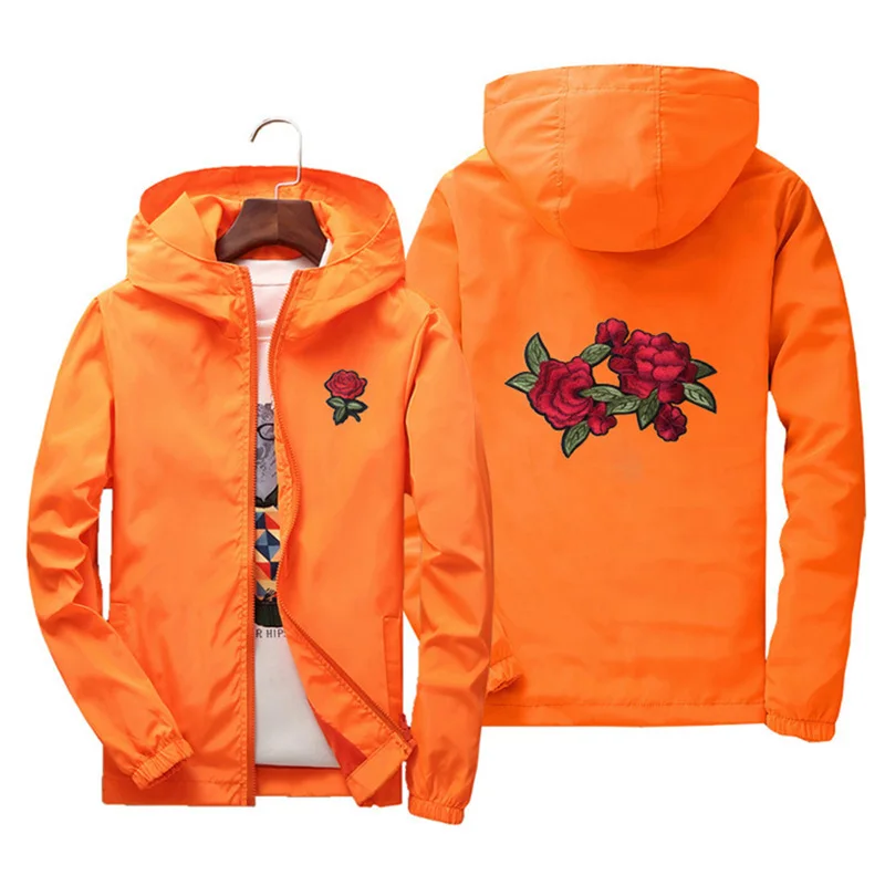 Women's Hooded Jackets Summer Women Basic Jackets Coats Embroidery Rose Causal Men windbreaker Lightweight Bomber Famale - Цвет: Оранжевый