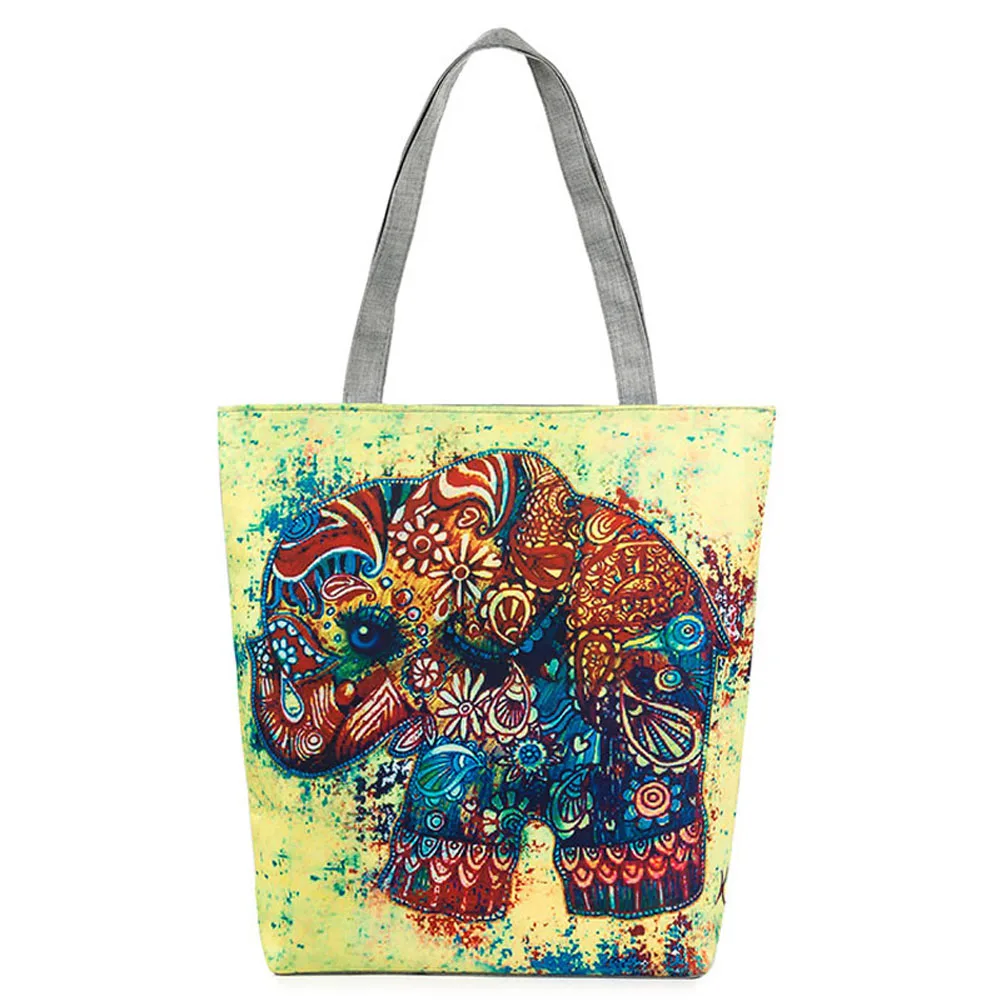 Women Elephant Printed Canvas Tote Casual Beach Bags Single Shoulder ...