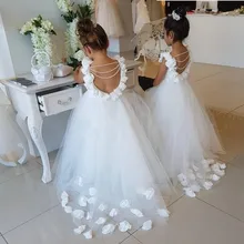 Красивые белые платья с цветочным узором для девочек на свадьбу; кружевное Тюлевое платье с оборками и жемчужинами; платье принцессы с открытой спиной; детское платье на свадьбу, день рождения, вечеринку