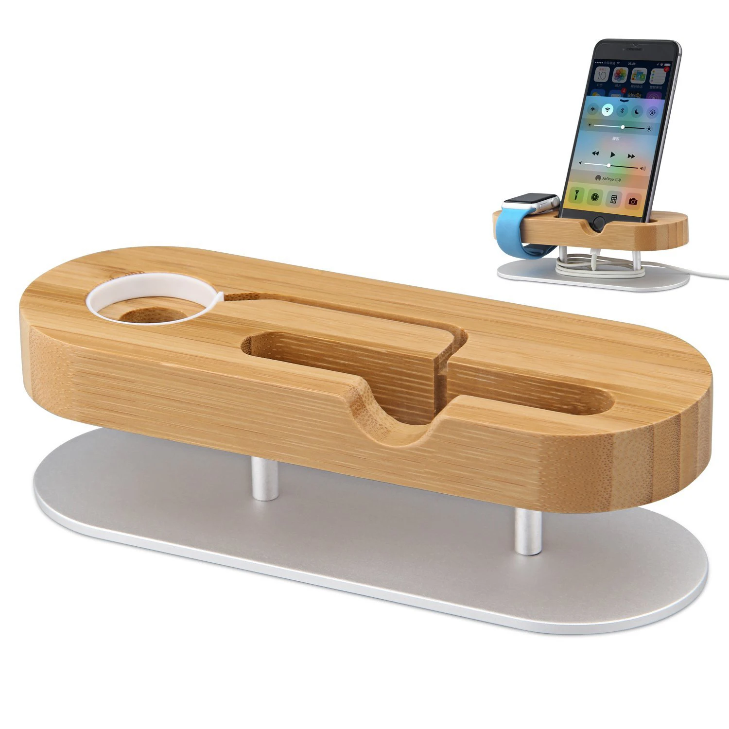 

For Apple Watch Stand with Aluminum Base,Bamboo Stand and Charging Dock Station Cradle Holder for Apple Watch/iPhone
