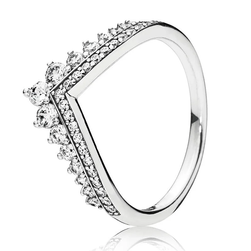 

Authentic 925 Sterling Silver Ring Princess Wishbone With Crystal Rings For Women Wedding Party Gift Fine Pandora Jewelry