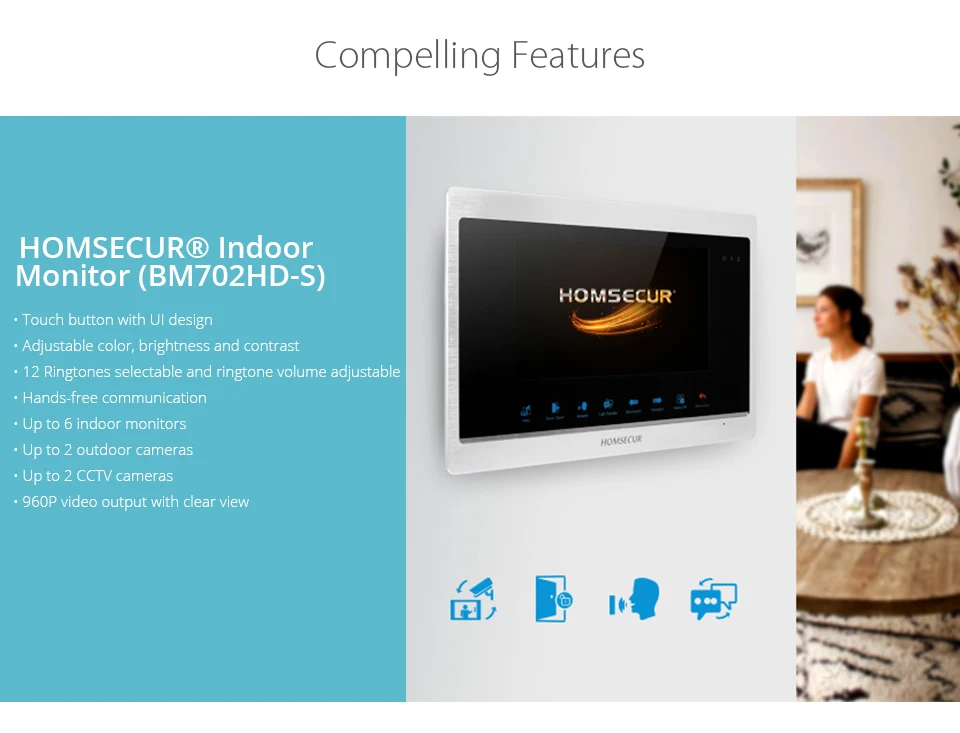 HOMSECUR 7 "Hands-free видео и аудио умный дверной звонок Домофон с камера из алюминиевого сплава BC011HD-S + BM705HD-B