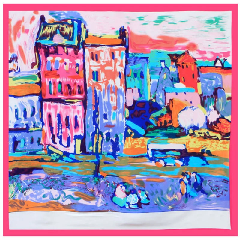 

Rose Red Head Scarf Women Fashion Neck Kerchief Painting Buildings Shawl&Wraps Foulard Satin Square Scarves 90x90cm Wholesale