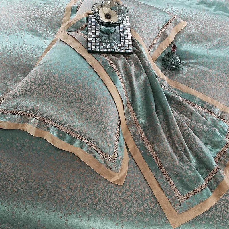 Зеленый жаккардовый сатин постельные принадлежности король, Королева роскошные шелковое одеяло/пододеяльник постельное белье установить