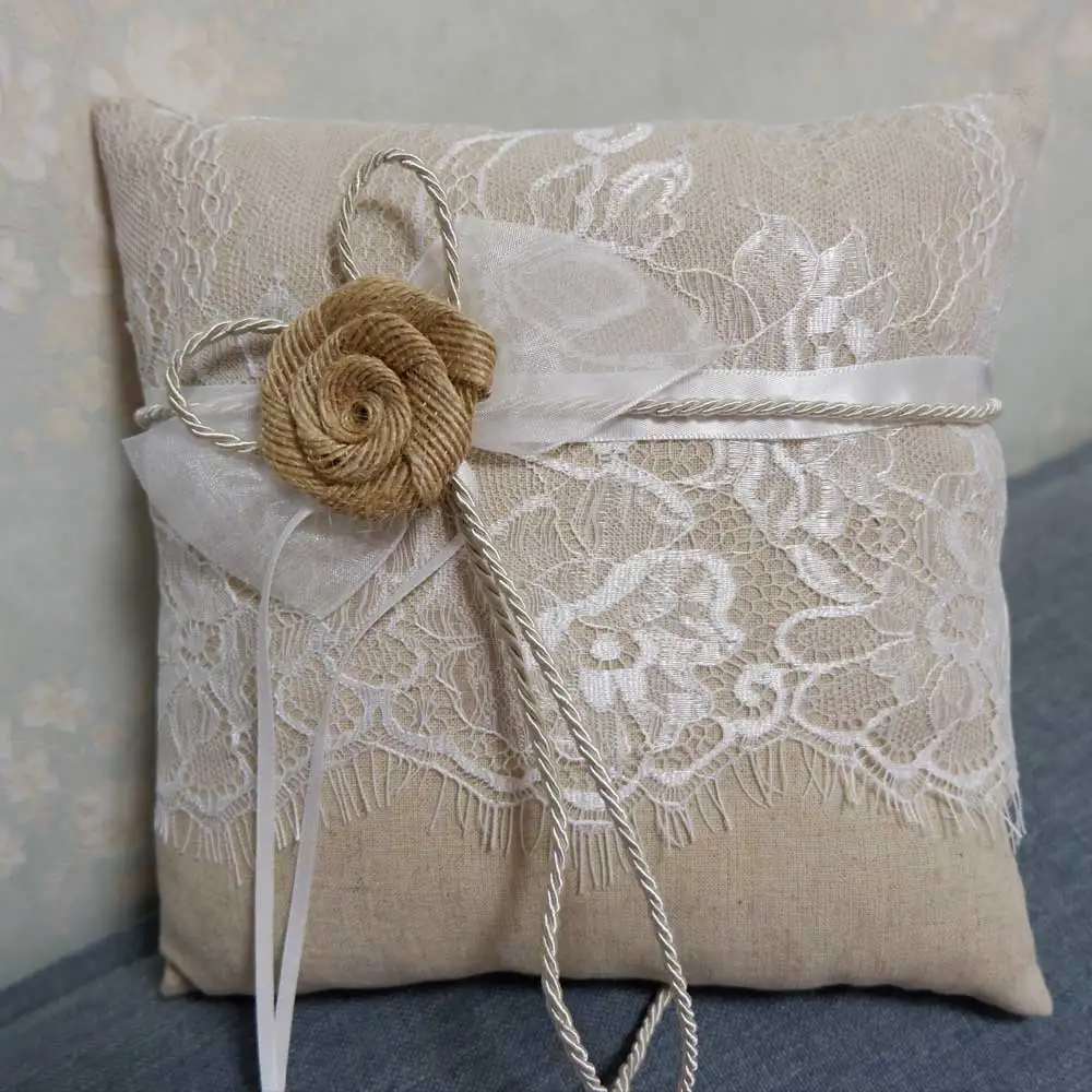 Ivory Lace flower Ribbon bow Satin Wedding Ceremony Ring Pillows Bearer Pillow 