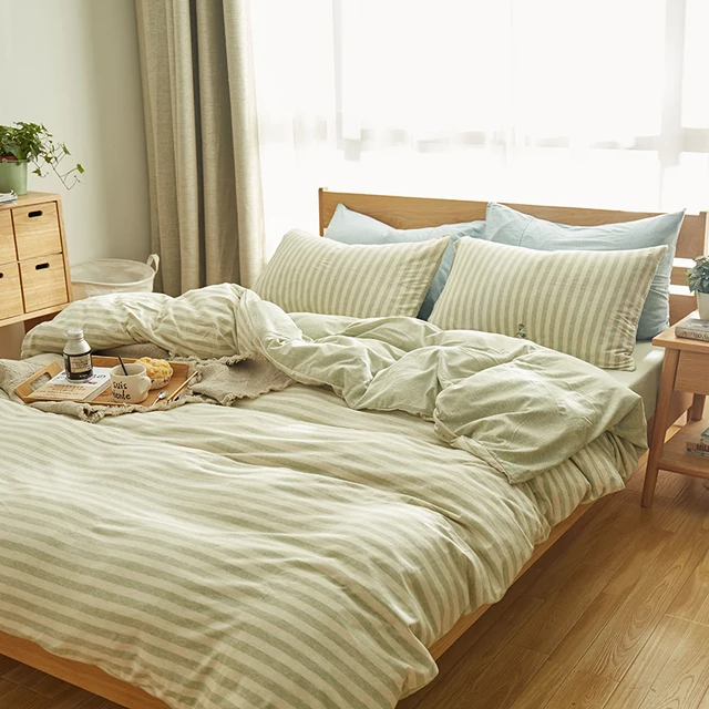 100 Cotton 4pcs light green and beige striped duvet cover set Soft