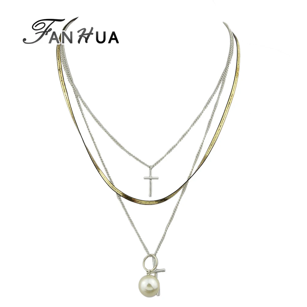 FANHUA Jewelry Gold Color Silver Color Multi Layer Chain Maxi Necklace Simulated Pearl Cross Pendant Necklace