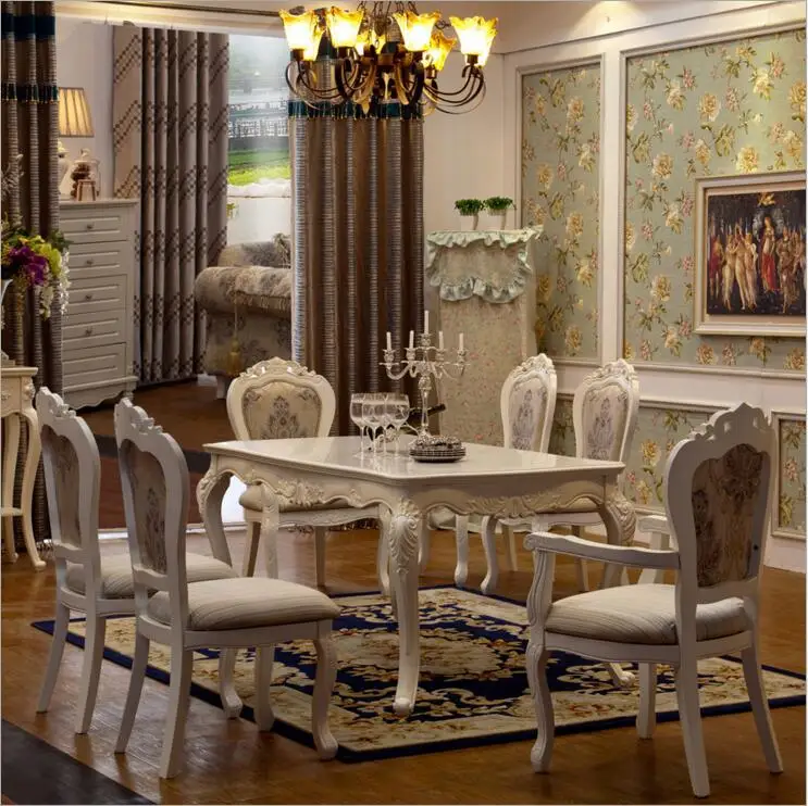 Antique Style Italian Dining Table, 100% Solid Wood Italy Style Luxury Dining Table Set 6 chairs o1105