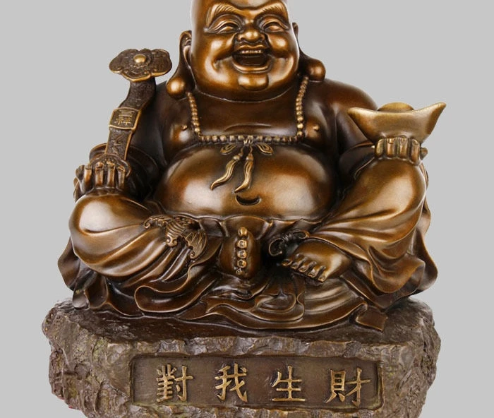 

10" China Bronze Happy Maitreya Buddha Hand Hold Ingot Ruyi Statue