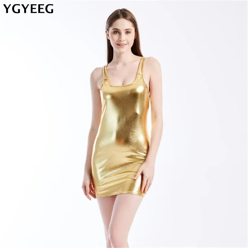 

YGYEEG Women Dress 2019 New Arrival PU Mini Dress Women Sexy Straps Slim Fit Bodycon Party Dresses Femme Gold Silver Dresses