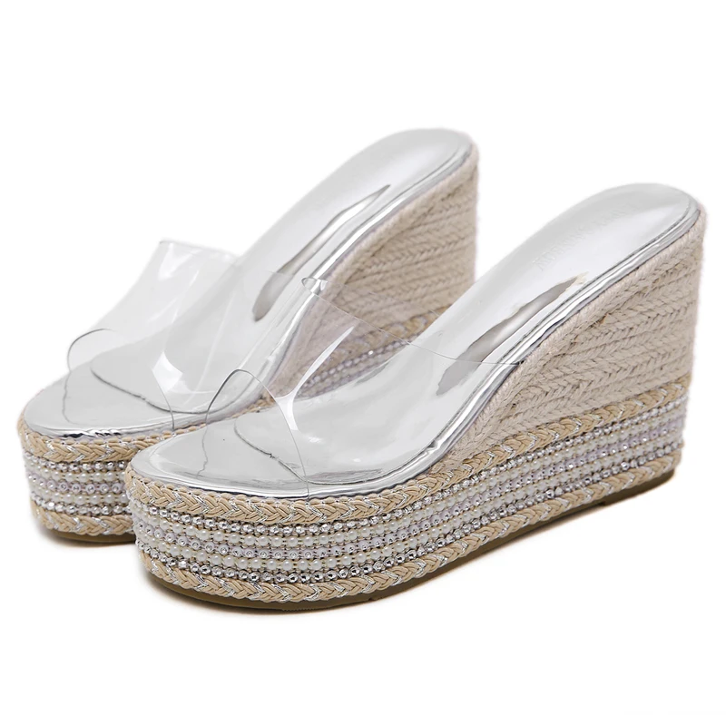 

Women Summer Shoes Leisure Platform Wedges Slippers Women PVC Transparent Heels 10 cm Heel Pearl Wedges Shoes For Women Sandals