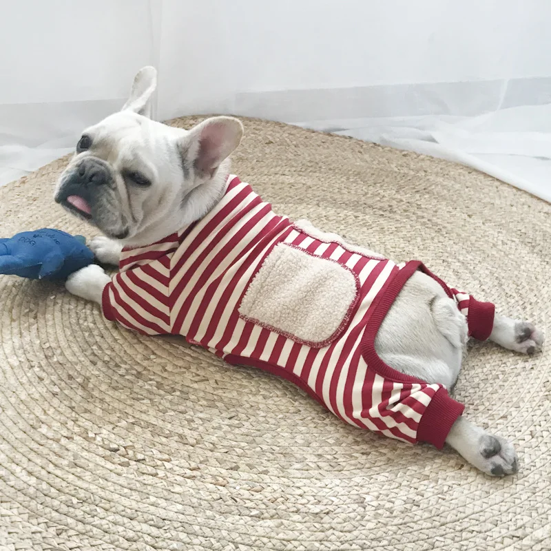 

Cute Striped Dog Jumpsuits Pajamas Winter Soft Four-legged Rompers Pet Clothes for Small Dogs Sweater French Bulldog Coat XQ121