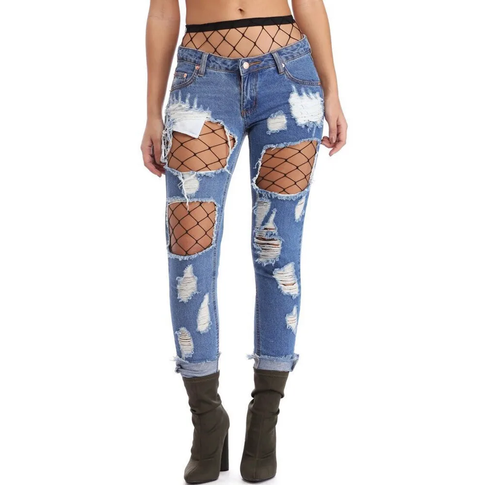 JAYCOSIN женская одежда облегающие джинсы-стрейч рваные джинсовые брюки для девочек модные сексуальные сетчатые тонкие джинсы Mujer синий 2019
