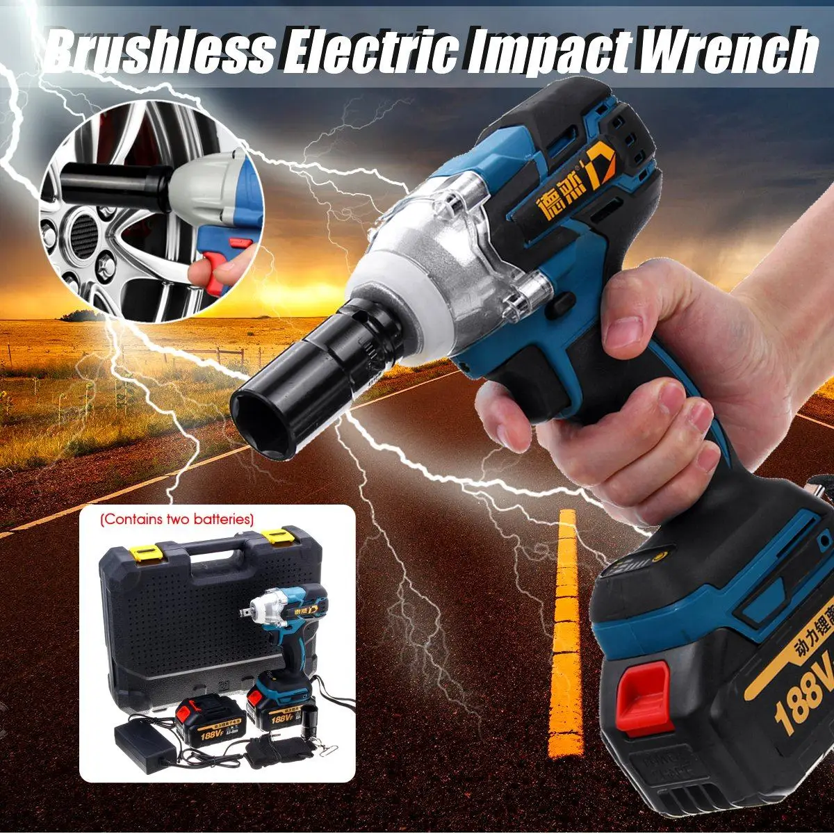 

188VF 6000mAh 380Nm Cordless Lithium-Ion Electric Impact Wrench Brushless Motor 2 Battery with Charge Power Tools