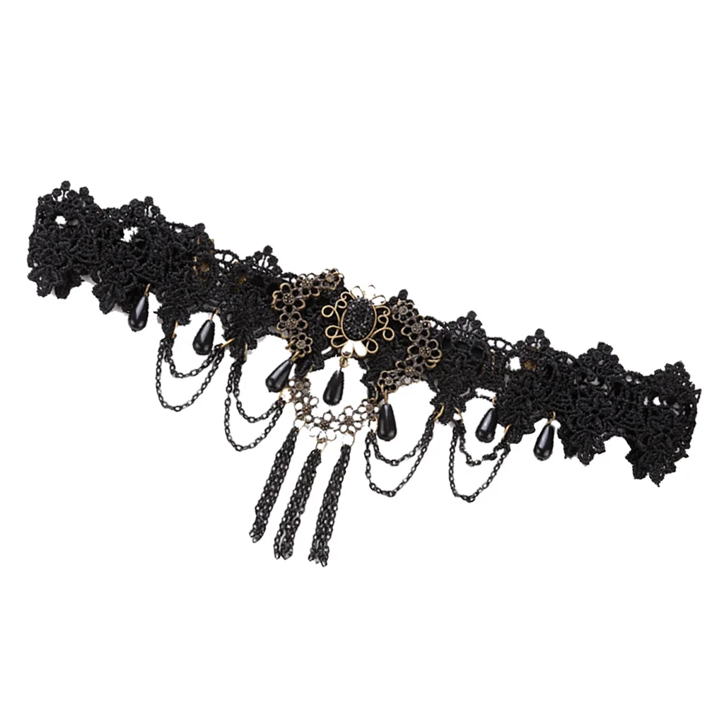 Phenovo Romantic Gothic Style Headband Women Black Lace Tassel Beads Hair Band for Party Fashion Jewelry