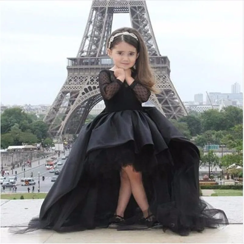 Black Long Sleeve Flower Girl Dresses Bow Knot Illusion O Neck First Communion Dresses for Girls Organza Black Long Sleeve Flower Girl Dresses Bow Knot Illusion O Neck First Communion Dresses for Girls Organza