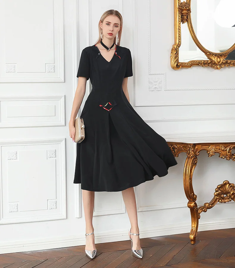 VOA тяжелое шелковое черное платье с v-образным вырезом женские вечерние летние платья офисные тонкие миди Большие размеры Одежда с коротким рукавом A875